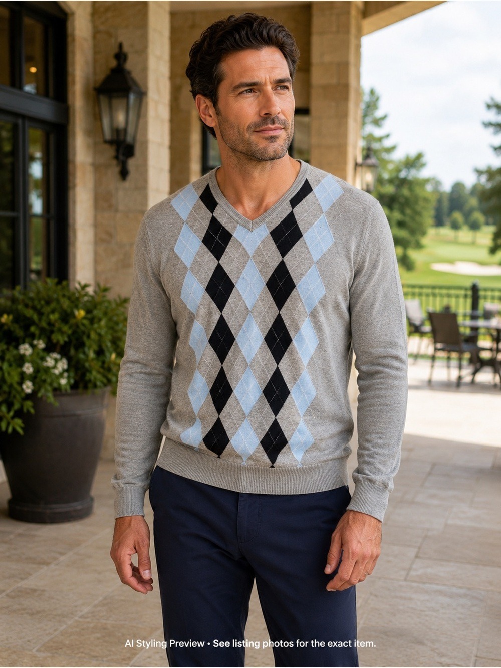 Wolsey Men’s XL 100% Cotton Argyle V-Neck Sweater Grey Blue Golf Preppy